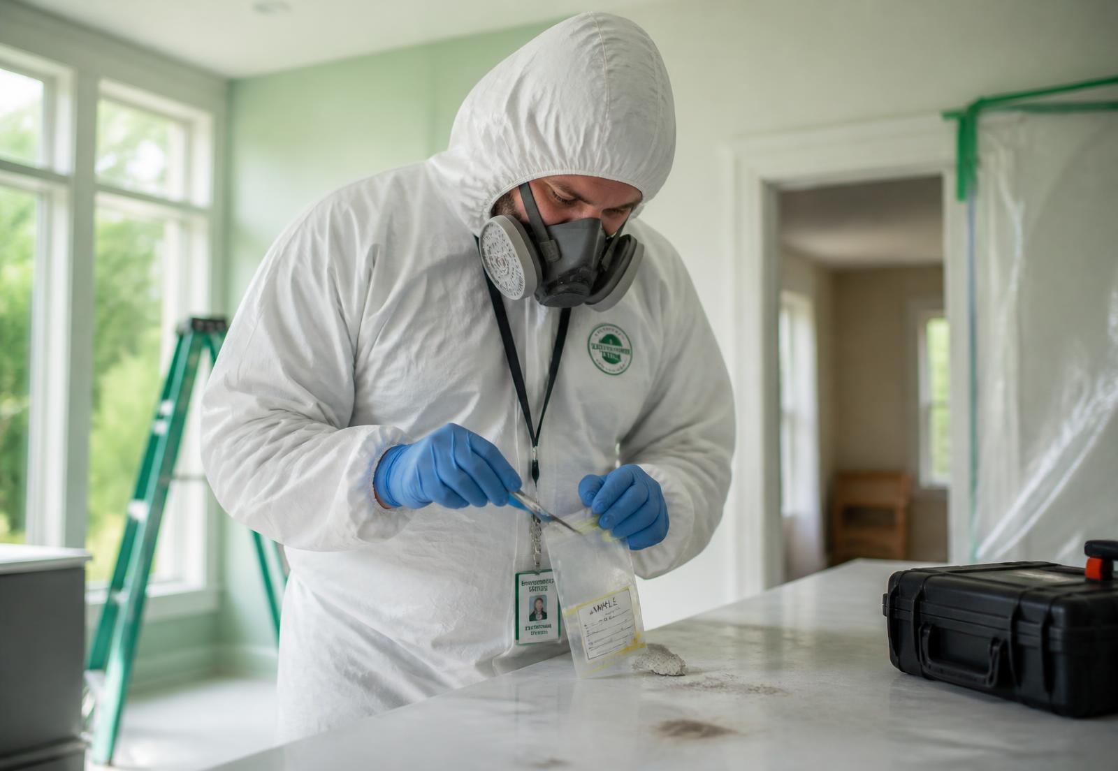 Certified sampler collecting an asbestos material sample inside a home